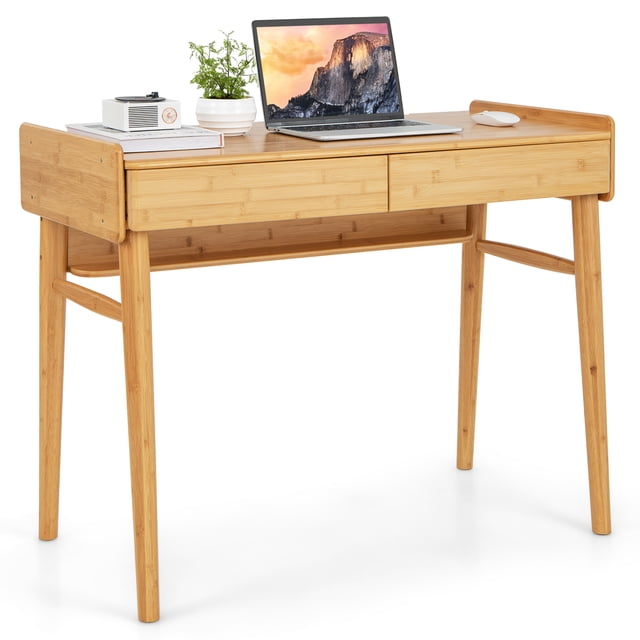 Patiojoy 39.5" Bamboo Computer Desk Study Writing Desk with 2 Pull-Out Drawers Shelf & Cable Management Groove