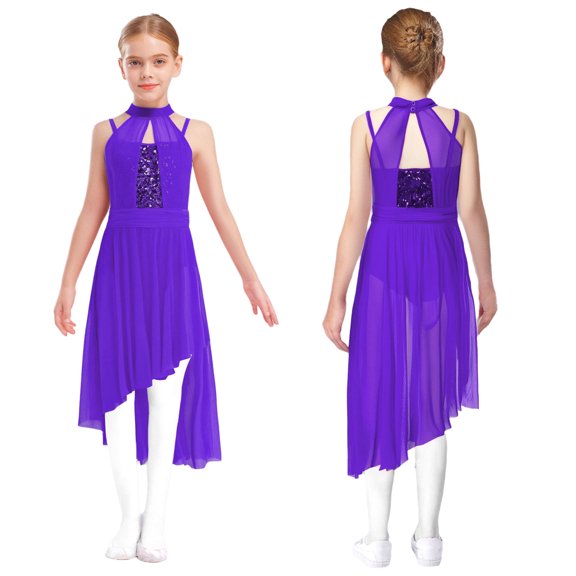 iixpin Girls Contemporary Dance Dress Sequins Latin Ballet Dance Gown Gymnastics Leotard Lyrical Ballerina Outfit Purple 6