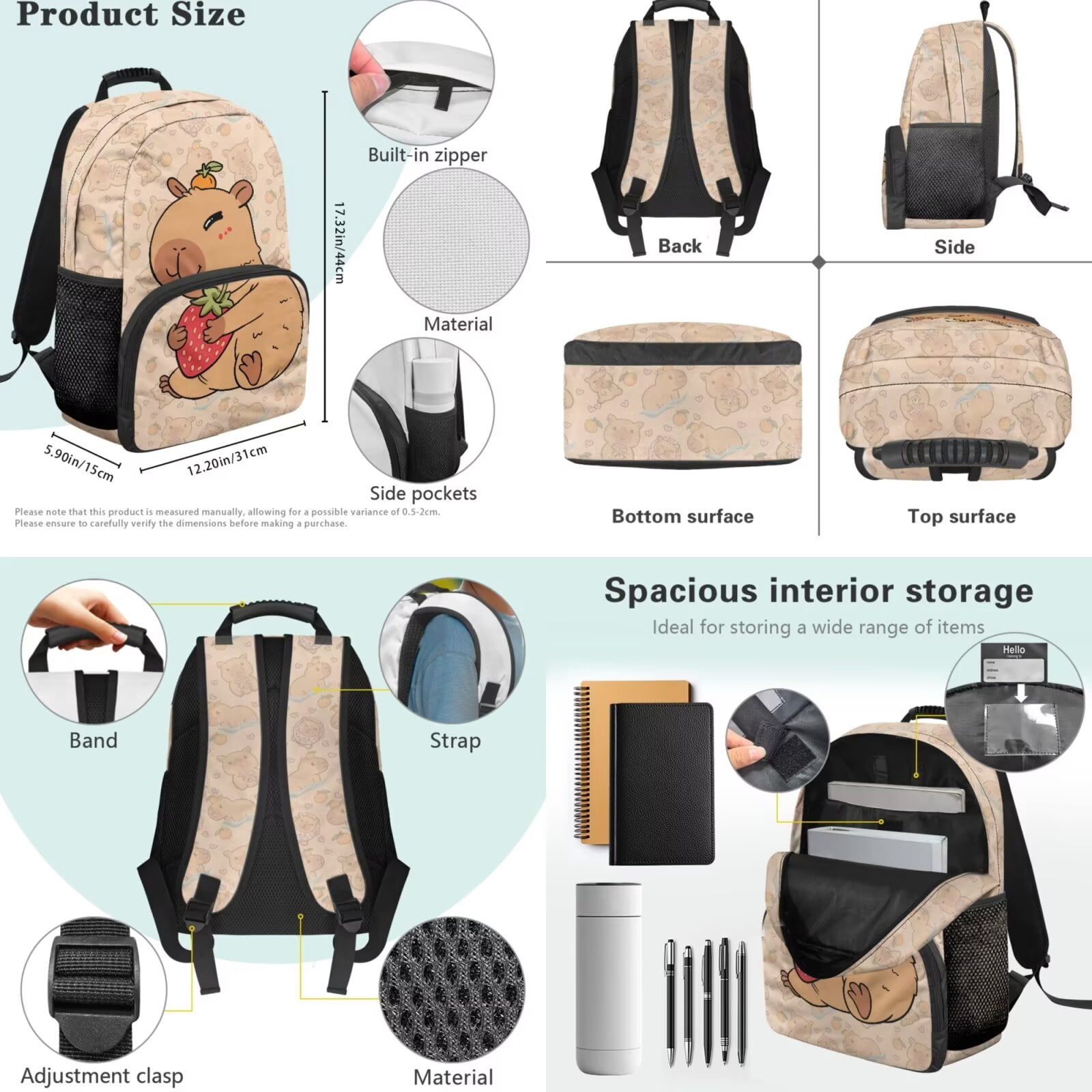 Pzuqiu Strawberry Capybara 4 Piece Back Pack for School Girls Kids Backpacks for Girls Lunch Bag with Pencil Bag Water Bottle Holder Travel Daypack Camping Schoolbag 17 Inch