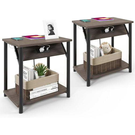 End Table Set of 2, Small Side Tables with Charging Station, USB Ports, Type-C and Outlet, Nightstand with Storage Shelf for Living Room, Bedroom, Office, Rustic Grey