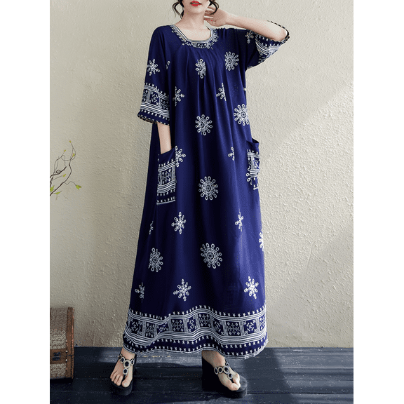 Women's Plus Size Bohemian Maxi Dress, Round Neck 3/4 Sleeve Loose Flowy Long Caftan Dress with Pockets, Vintage Ethnic Print Casual Beach Vacation House Dress