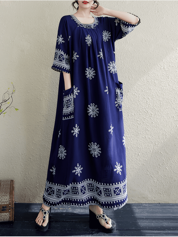 Women's Plus Size Bohemian Maxi Dress, Round Neck 3/4 Sleeve Loose Flowy Long Caftan Dress with Pockets, Vintage Ethnic Print Casual Beach Vacation House Dress