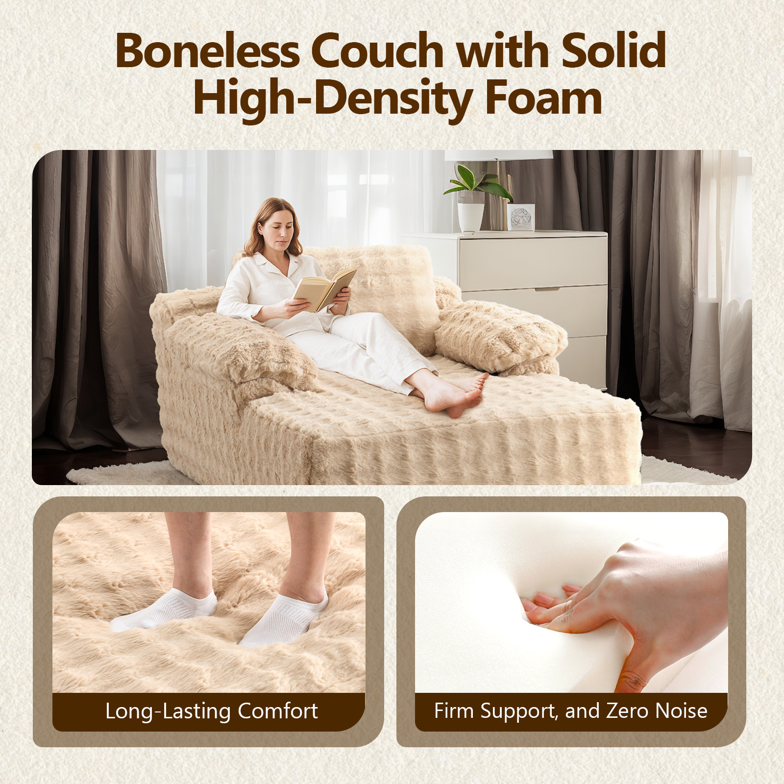 Ktaxon 68" Lounge Chair, Bubble Fleece Fabric Sofa Bed, Boneless Sleeper Chaise with Removable Backrest & Pillow-Top Armrests for Living Room Light Khaki