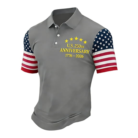 IYYVV 250th Anniversary Printed Men's Casual Polo Shirt 250 Years of Shirt American Flag Print Patriotic Clothes Gray 2XL