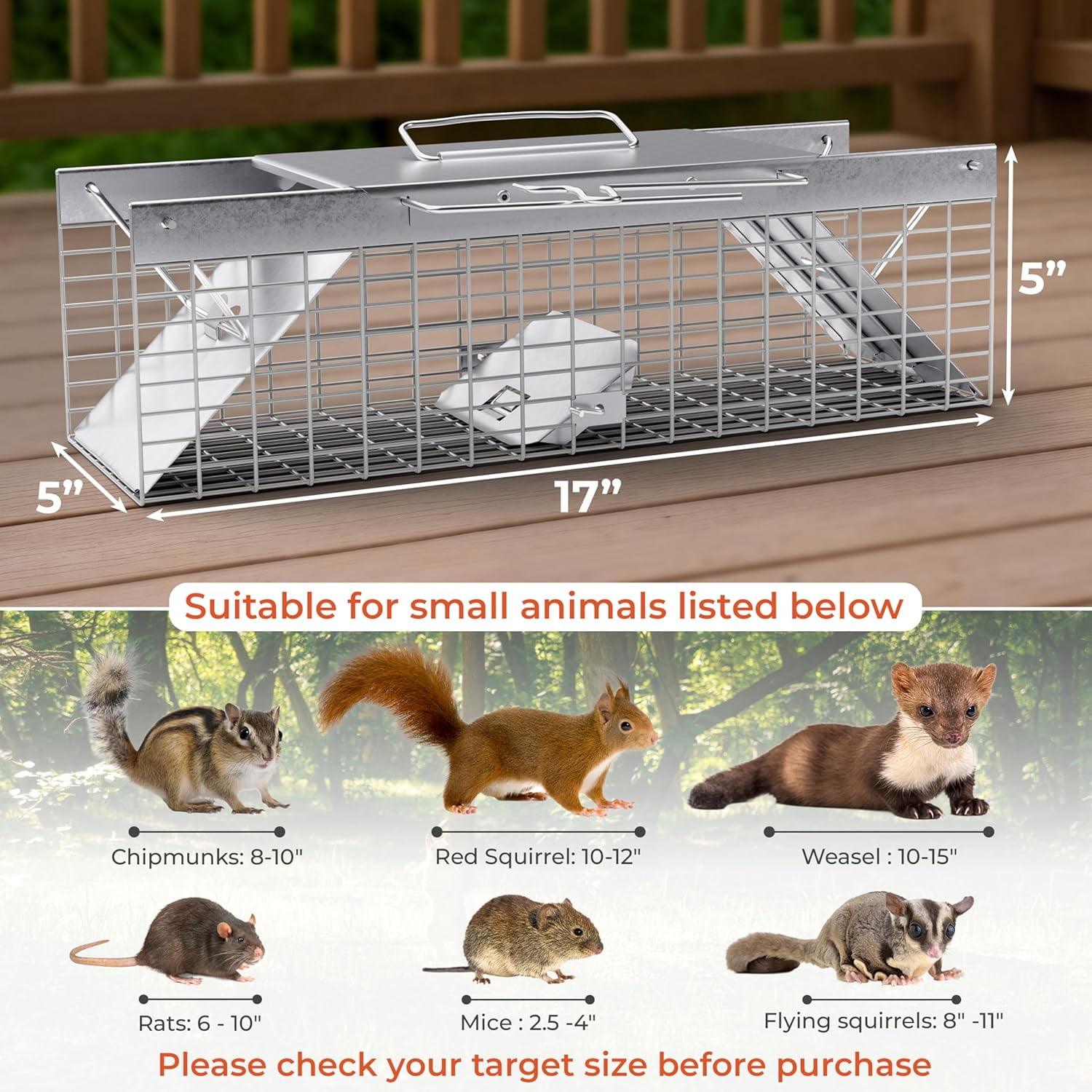 HOMESTEAD Live Rat Trap Indoor/Outdoor, Humane Live-Catch Cage Trap for Squirrel, Chipmunk, Small Rabbit, Weasel & Similar-Size Rodents, 18" x 5" x 5", 2 Doors, Fully Assembled