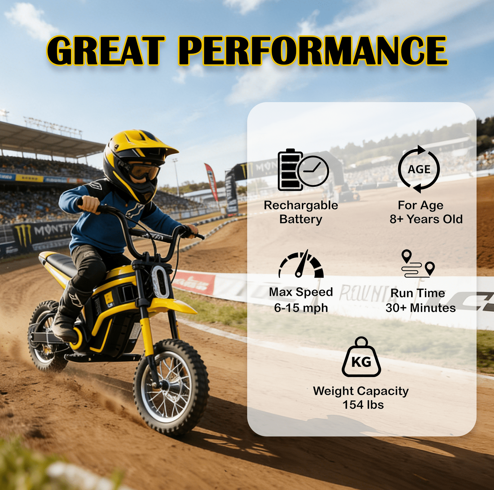 Kids Electric Dirt Bike with LED Safety Lights, 15 MPH Max, 3-Speed Parent Control, 24V Motorcycle, Durable 250W Gear-Safe Motor, Yellow