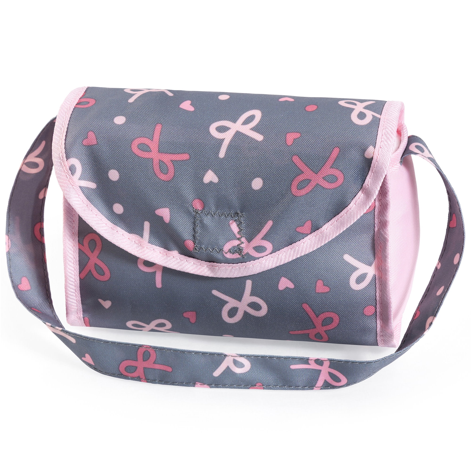 Bayer Design: Doll Pram Cosy - Pink-Grey-Ribbon - Play Push Stroller, Handbag, Blanket & Pillow, Folding, Toy Care Accessory Fits 18" Dolls, Kids 3+