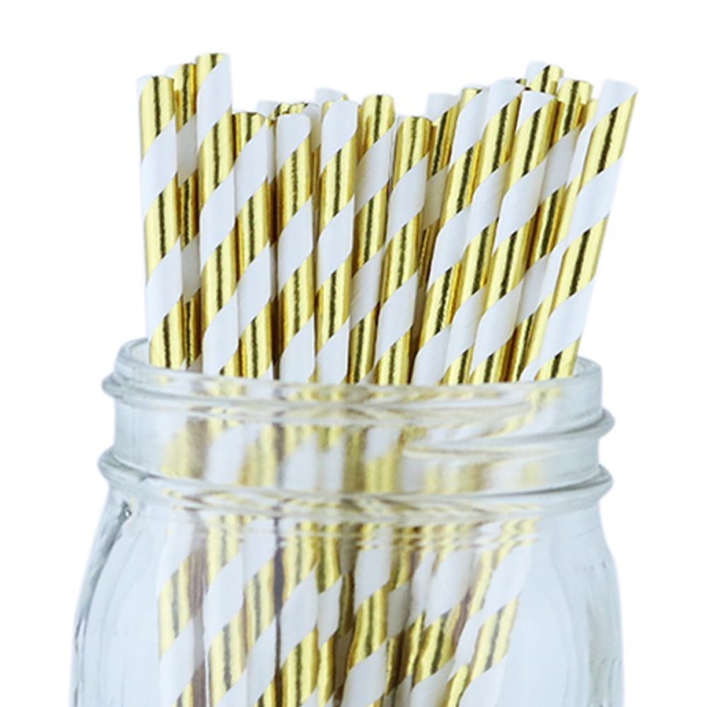 Just Artifacts 100pcs Decorative Striped Paper Straws (Striped, Metallic Gold) Decorative