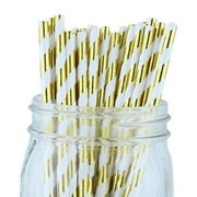 Just Artifacts 100pcs Decorative Striped Paper Straws (Striped, Metallic Gold) - Decorative Paper Straws for Birthday Parties, Weddings, Baby Showers, and Life Celebrations!