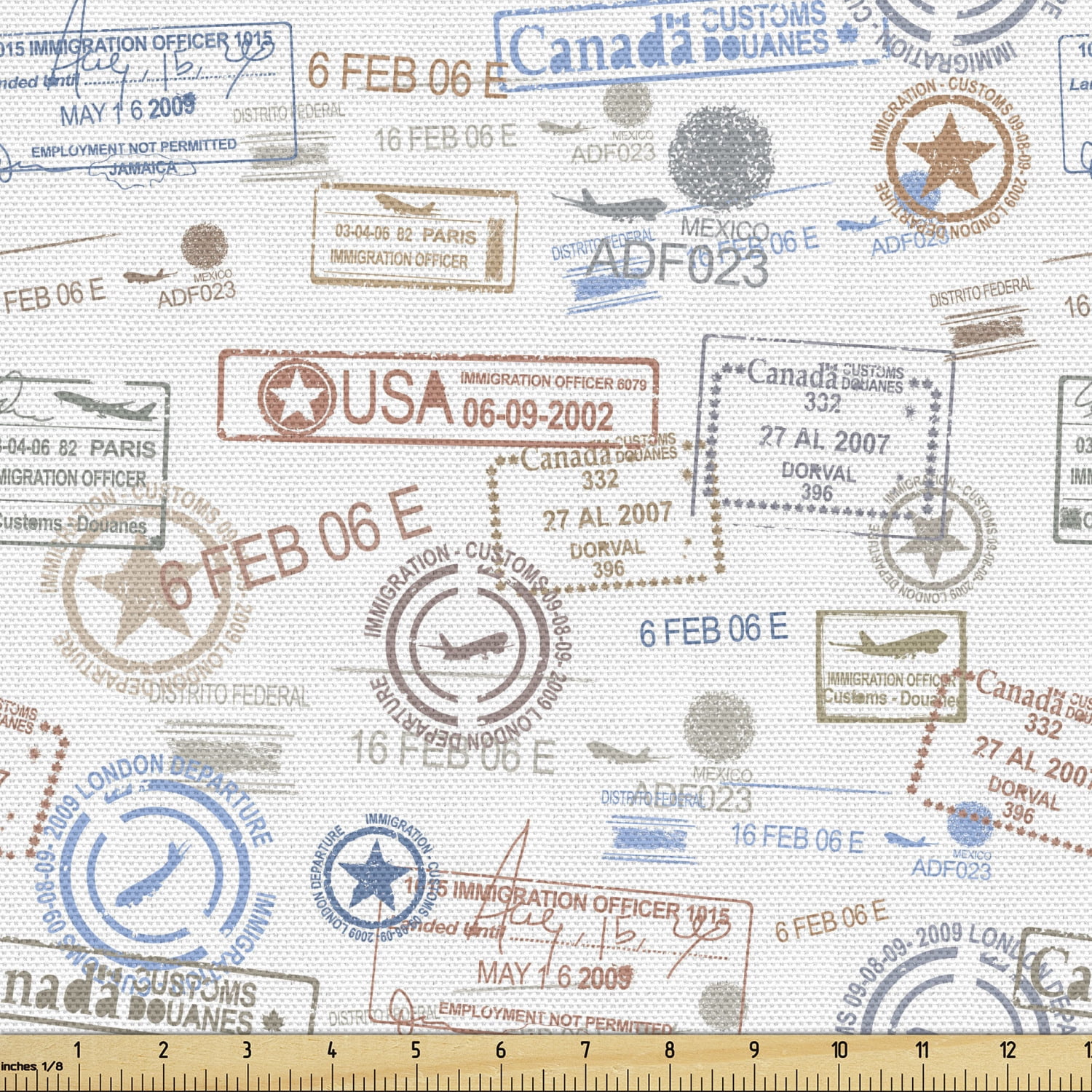 Travel Fabric by the Yard Upholstery, Vintage Old Rubber Stamps Tourist