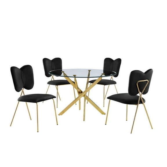 Round 45" x 45" 5pc Clear Glass Dinette Set with Black Chairs
