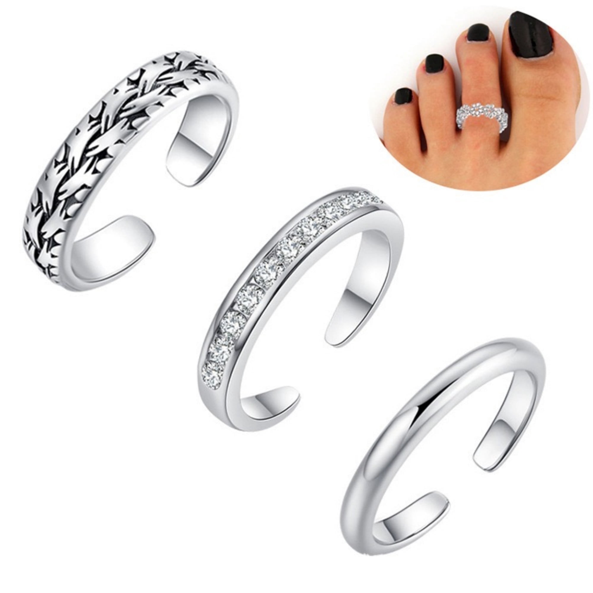 3 PCs Design Adjustable Toe Rings Set, Minimalist Fashion Rings for Women, Assorted Styles with Gift Box - Silver