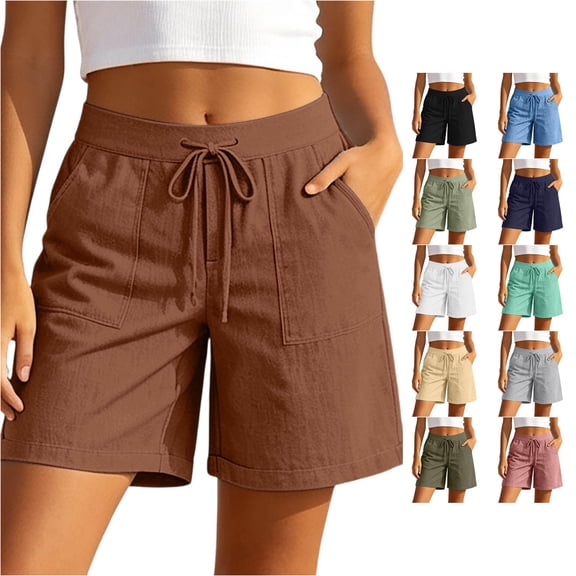 Gyujnb Women High Waist Cotton Linen Shorts Adjustable Drawstring Waist Casual Summer Shorts with Pockets,Coffee