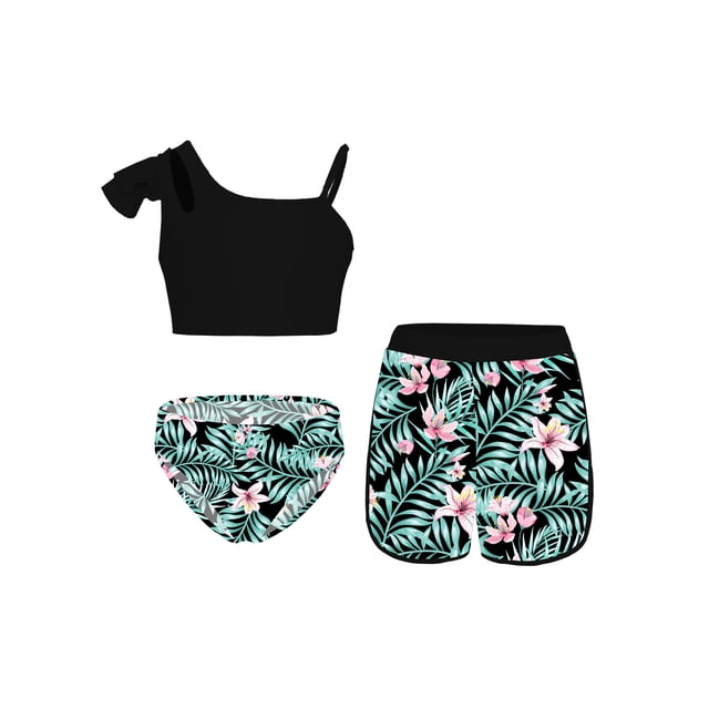 TiaoBug Kids Girls 3Pcs Rash Guard Swimsuit Tropical Print Sleeveless Swimwear Sun Protection Beach Bathing Suit Black&Green Flower 10
