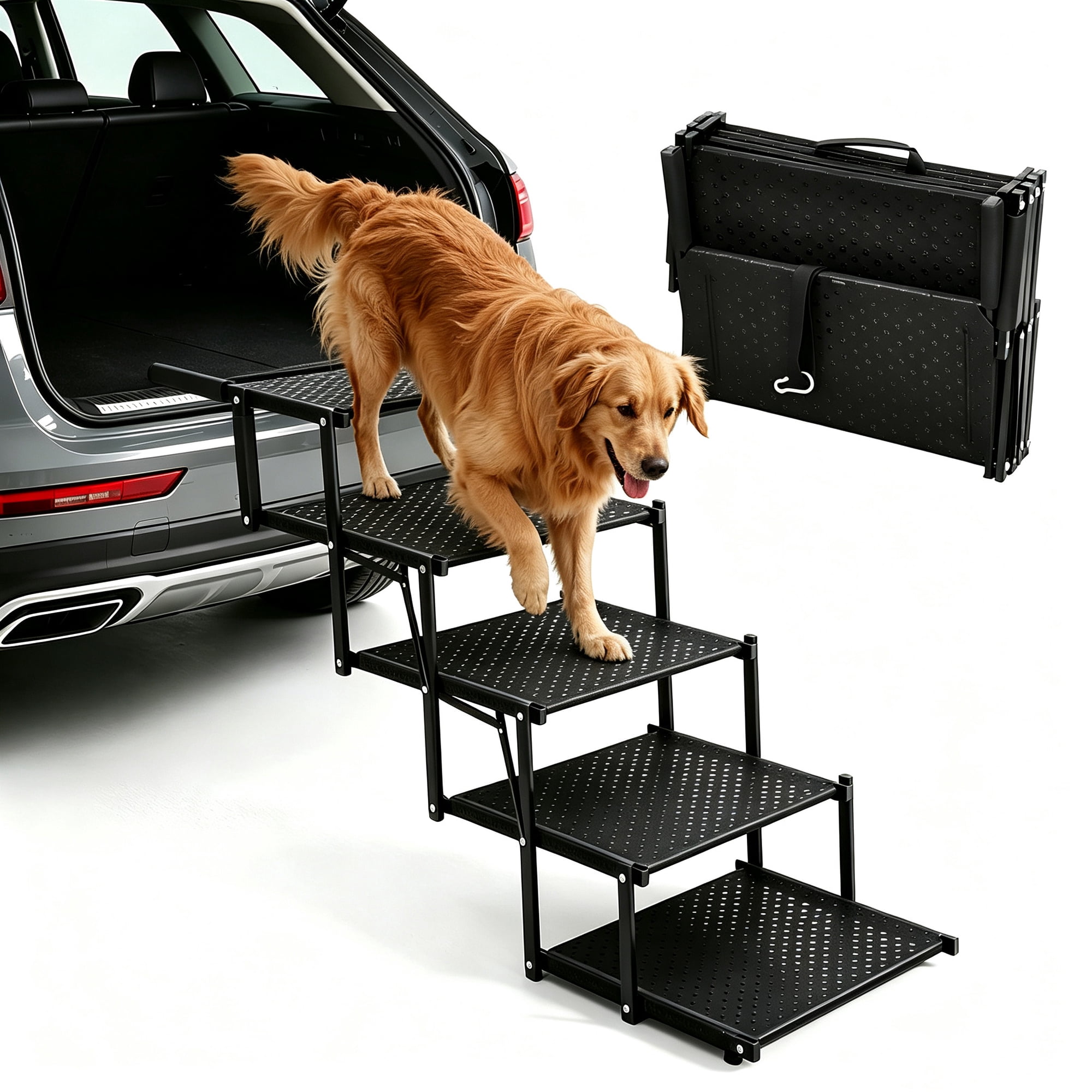 Naeqieo Pet Stairs for Vehicles, 5-Step Broad Dog Ramp, Foldable Car Steps with Non‑Slip Coating for SUVs and Trucks, Supports up to 250 lbs