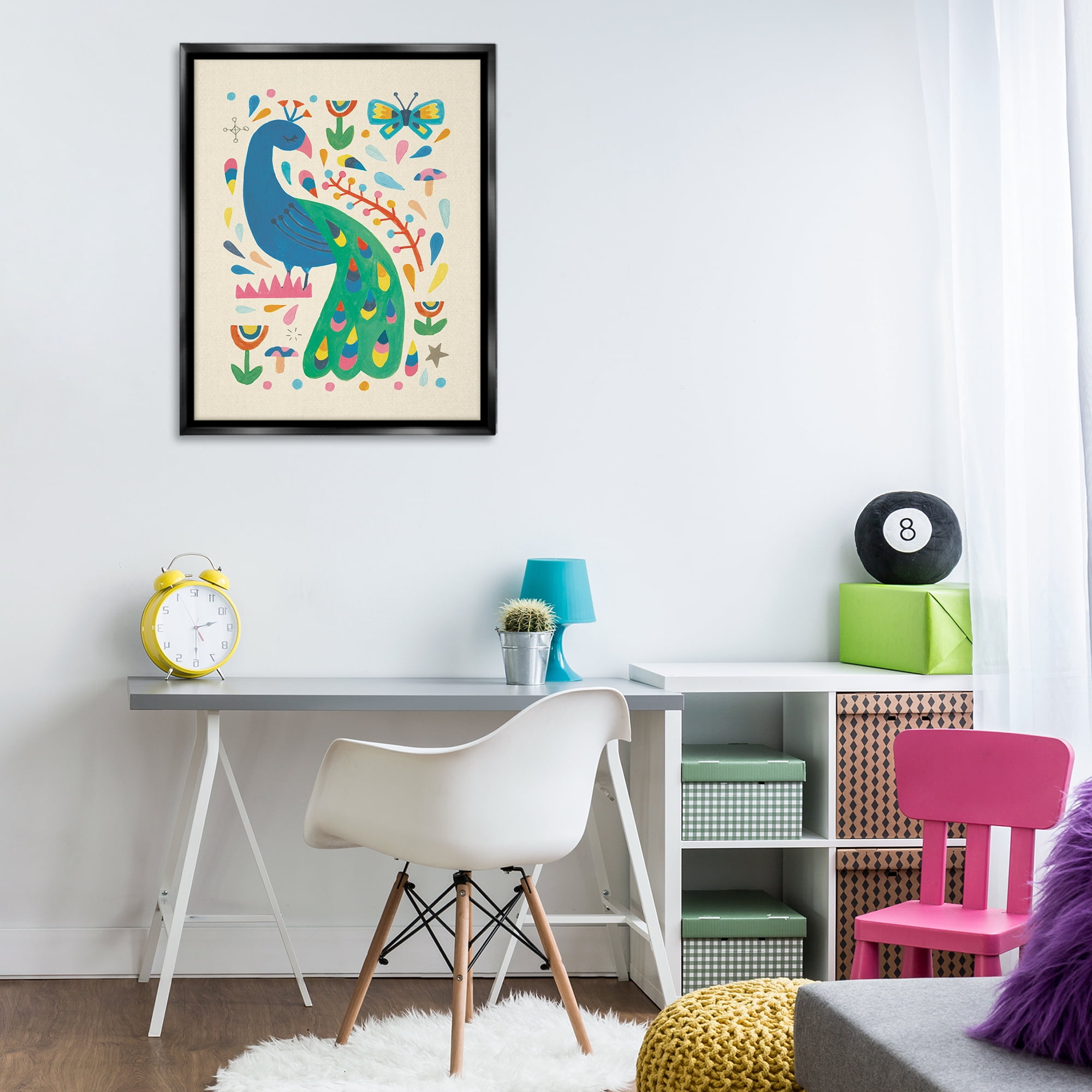 Stupell Industries Pretty Peacock Patterns Animals Painting Black Floater Framed Canvas Art Print Wall Art, 25 x 31