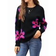 thumbnail image 2 of Floral Sweaters for Women Contrast Color Striped Crew Neck Long Sleeve Loose Knit Pullover Tops Black M, 2 of 10