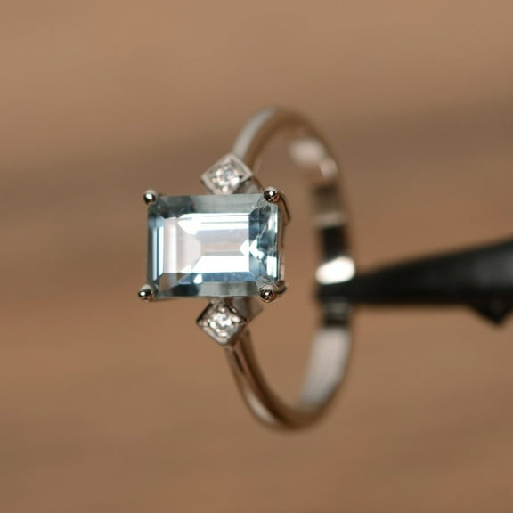 Aquamarine ring March birthstone ring sterling silver engagement ring emerald cut natural gemstone promise ring