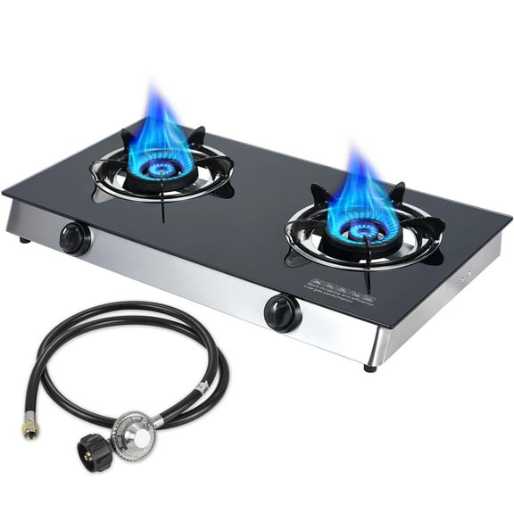 Frizi 2 Burner Propane Gas Cooktop, Portable Tempered Glass Double Burner Stove with Auto Ignition, 19,000 BTU, CSA Certified Regulator & Hose, Outdoor Camping RV BBQ Kitchen LPG Gas Stove
