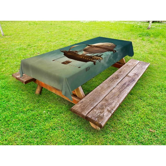 Fantasy Outdoor Tablecloth, Surreal Sky Scenery with Steampunk Airship Fairy Sci Fi Stardust Space Image, Decorative Washable Fabric Picnic Tablecloth, 58 X 120 Inches, Teal and Brown, by Ambesonne