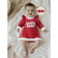thumbnail image 3 of BemeyourBBs Newborn Baby Girl Christmas Outfit Velvet Santa Romper Dress Bow Embroidery Long Sleeve Smocked Tutu Dress Headband 2 Piece Set, 3 of 9