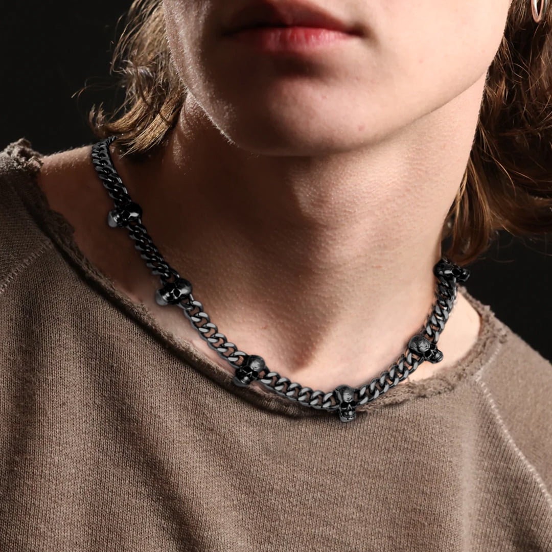 ChainsHouse Men's Black Gothic Punk Necklace Stainless Steel 9mm Thick Skull Link Chain Necklaces Jewelry Gift, 20"