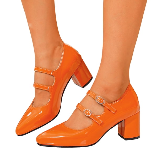 Mary Jane Shoes Women Casual Leather Pointed Double Buckle Straps Block Heel Pumps Shoes Elegant Dressy Heels Orange Size 9