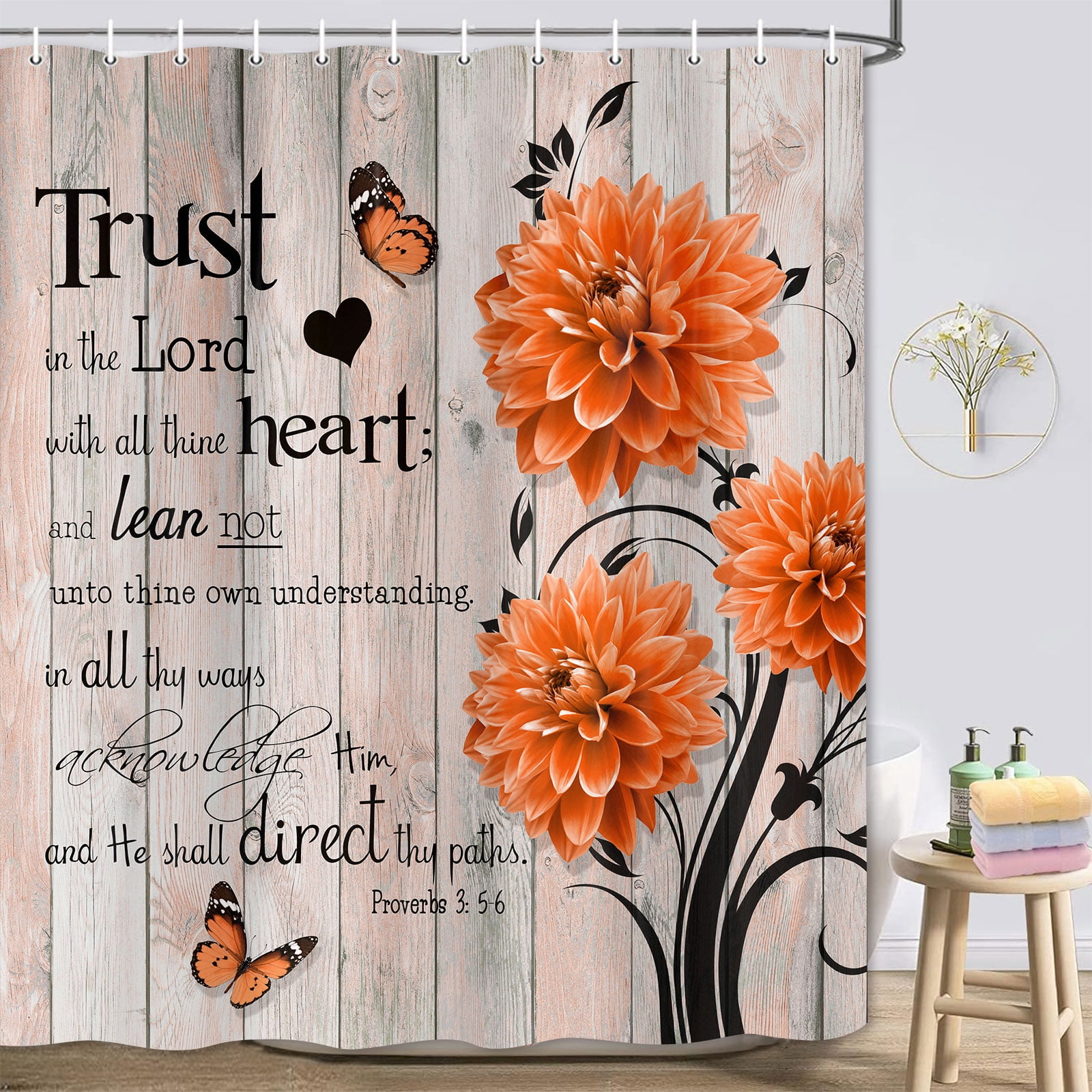 Rustic Orange Dahlia Farmhouse Shower Curtain - Washable Fabric Bath Set with Hooks, 72x84 Inch