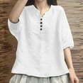 thumbnail image 2 of Womens 3/4 Sleeve Shirts Soild Color Cotton Linen Henley V Neck Button Tops Loose Fit Fashion Comfy Casual Blouse M-2XL, 2 of 5