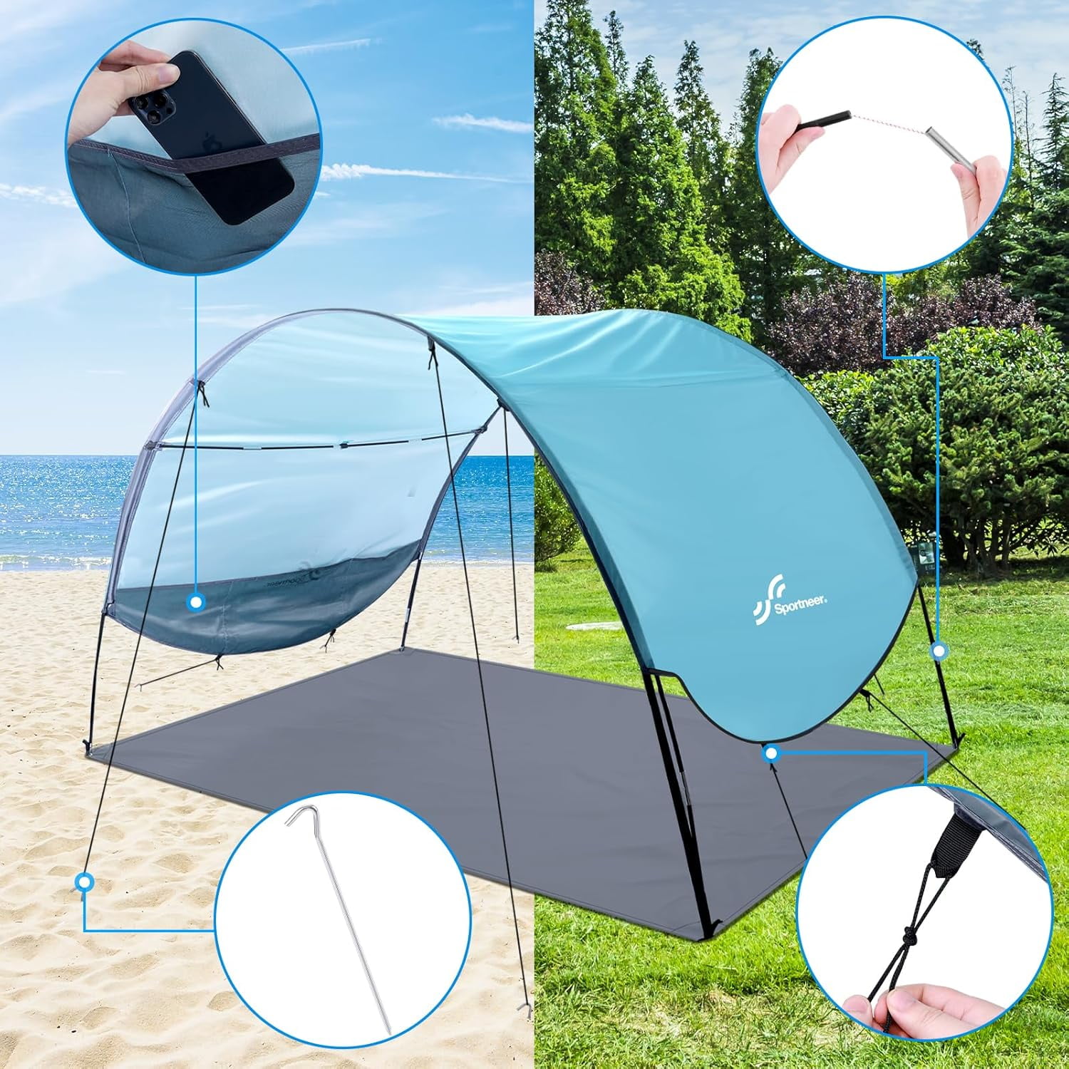 Unbranded Beach Tent Sun Shelter: UPF 50+ UV Protection Beach Canopy Tent Sun Shade for 2-3 Person, Easy Set Up Beach Tent Canopy with 8 Wind Ropes and 12 Ground Stakes for Beach, Size 96.5''x55.7''