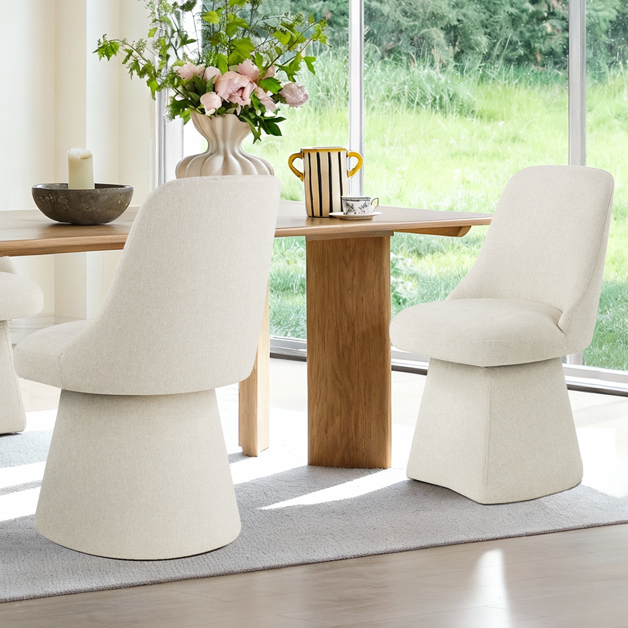 Spruce & Spring Modern Upholstered Swivel Dining Chair with High Back and Conical Base, Single, Linen Fabric