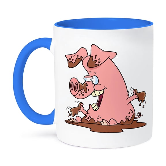 3dRose, Cute Happy Pink Pig in Mud, 15oz Two-Tone Blue Mug