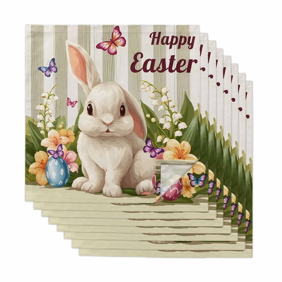 Happy Easter Cloth Napkins, Rabbit Eggs Spring Flowers Butterfly Striped Washable and Reusable Dinner Napkins Set of 8, Table Napkin for Kitchen Party Birthday Wedding Hotel Housewarming 20"x20"