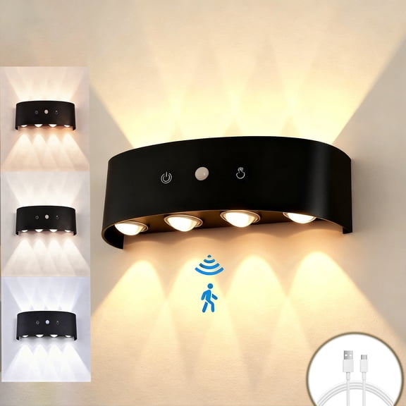 QUTETN Rechargeable Motion Sensor Wall Sconces – 3-Color Dimmable LED, Cordless & Drill-Free Mount for Bedroom, Hallway, Stairs & Closet (Black ABS Body)