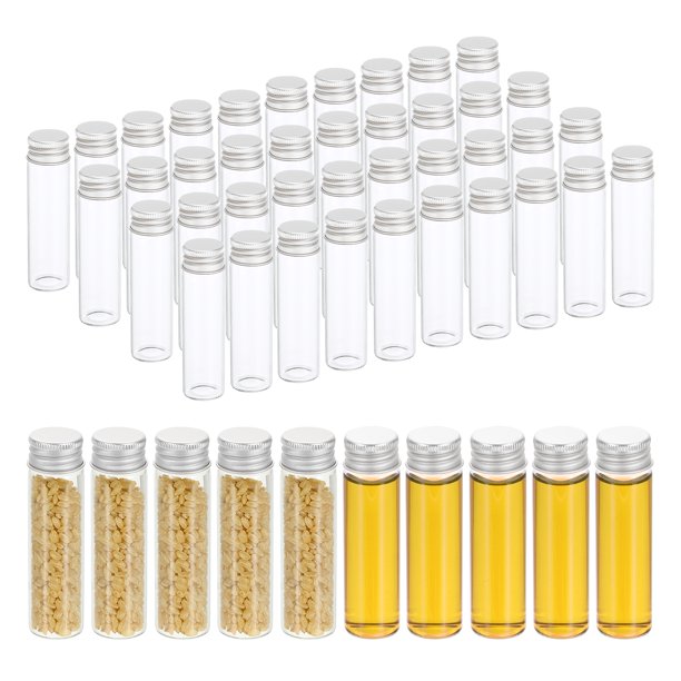 Frascos de vidrio claros de 20 ml, paquete de 50 frascos de muestra de líquido pequeños con tapas de tornillo, botellas a prueba de fugas, frascos vacíos, contenedor de polvo, plateado