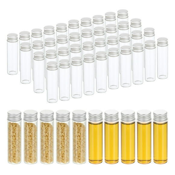 Frascos de vidrio claros de 20 ml, paquete de 50 frascos de muestra de líquido pequeños con tapas de tornillo, botellas a prueba de fugas, frascos vacíos, contenedor de polvo, plateado