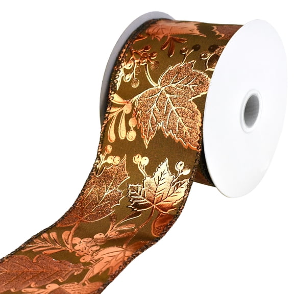 Homeford Embossed Metallic Autumn Leaves and Acorns Wired Ribbon, 2-1/2-inch, 10-yard, Copper