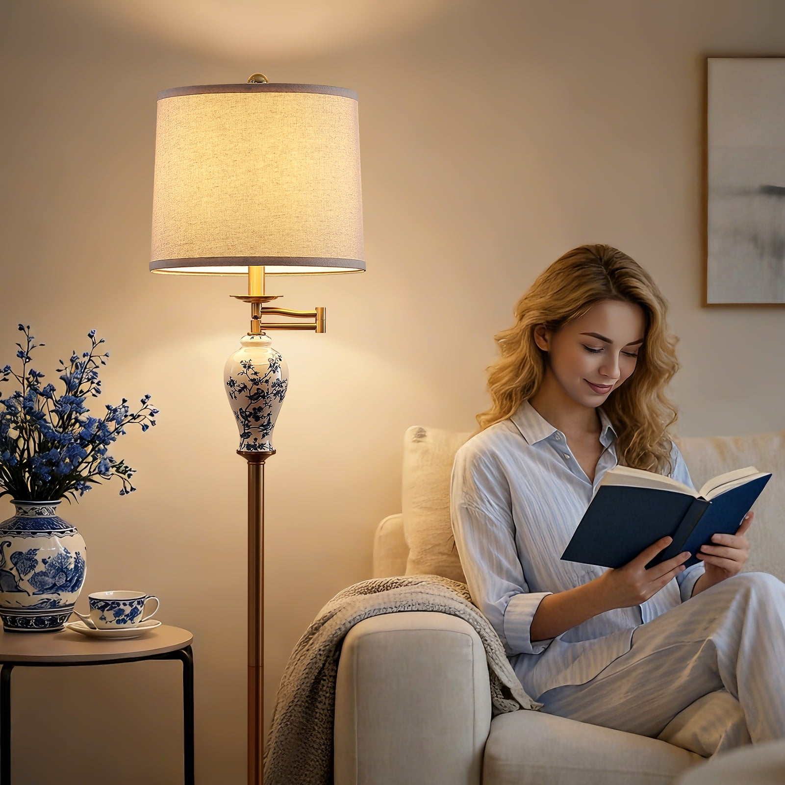 JUJUYUYOP 63" Floor lamp for the living room, with a 355° adjustable swivel arm and a linen shade; suitable for bedrooms, offices, and home offices (bulb included)