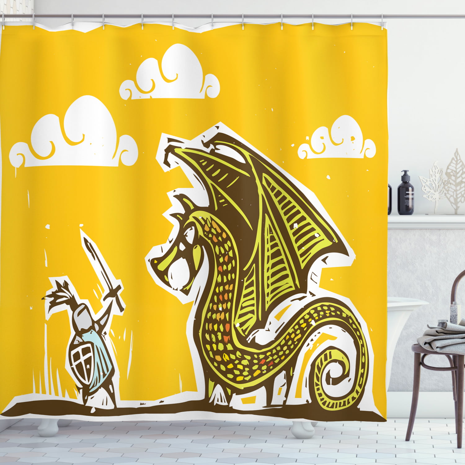 Starry Sky Wing Dragon Skull Shower Curtain Set Bathroom Waterproof Fabric Hooks 