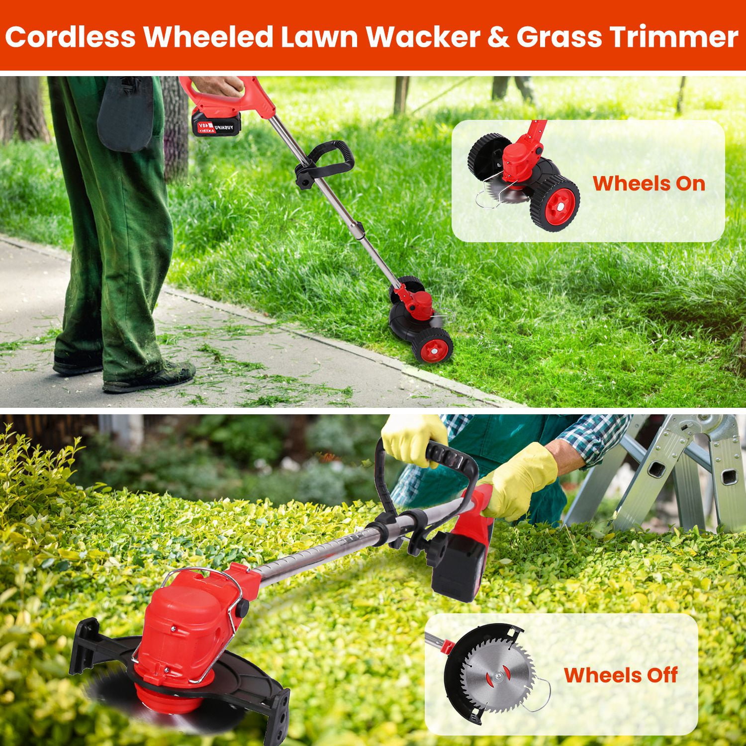TeqHome String Trimmer Cordless Electric Weed Wacker with Wheels and 2x2.5Ah Battery and Charger Adjustable Head Extendable Length Grass Trimmer for Lawn Garden Yard