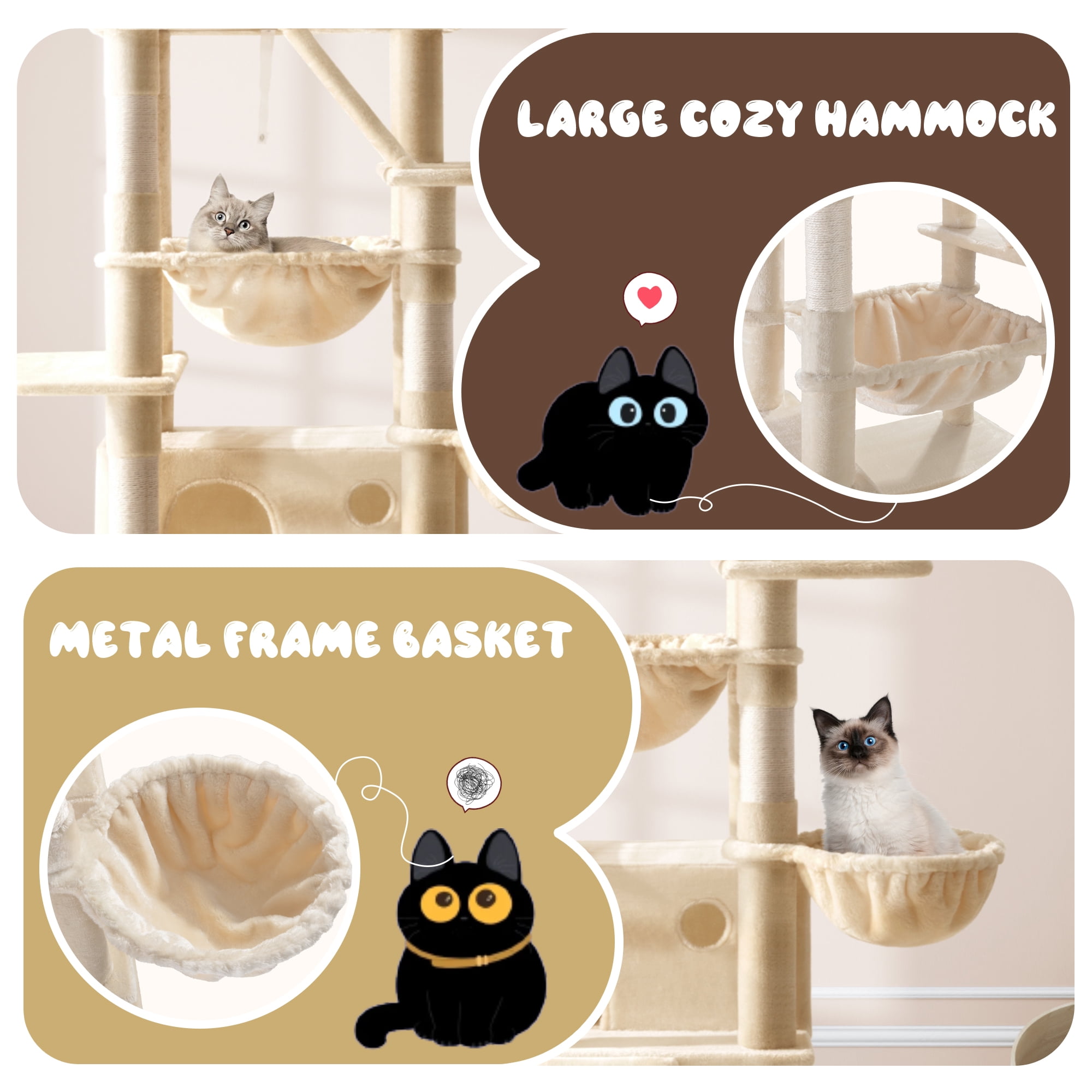 Amolife 81" Large Cat Tree Tower for Large Cats with Cat Condo Hammock, 2 Scratching Ramps, 6 Scratching Posts, Beige