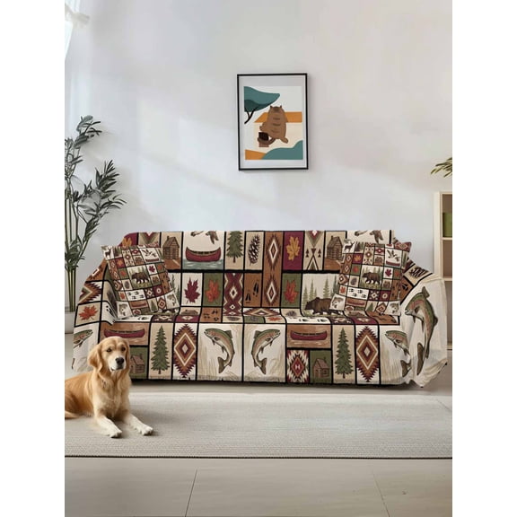 Country Patch Plaid Couch Cover for 2 Cushion Sofa, Brown Farmhouse Retro Bear Deer Cabin Washable Loveseat Sofa Covers Slipcover for Sectional Sofas L-Shaped, Couch Throw Cover 71"x118"