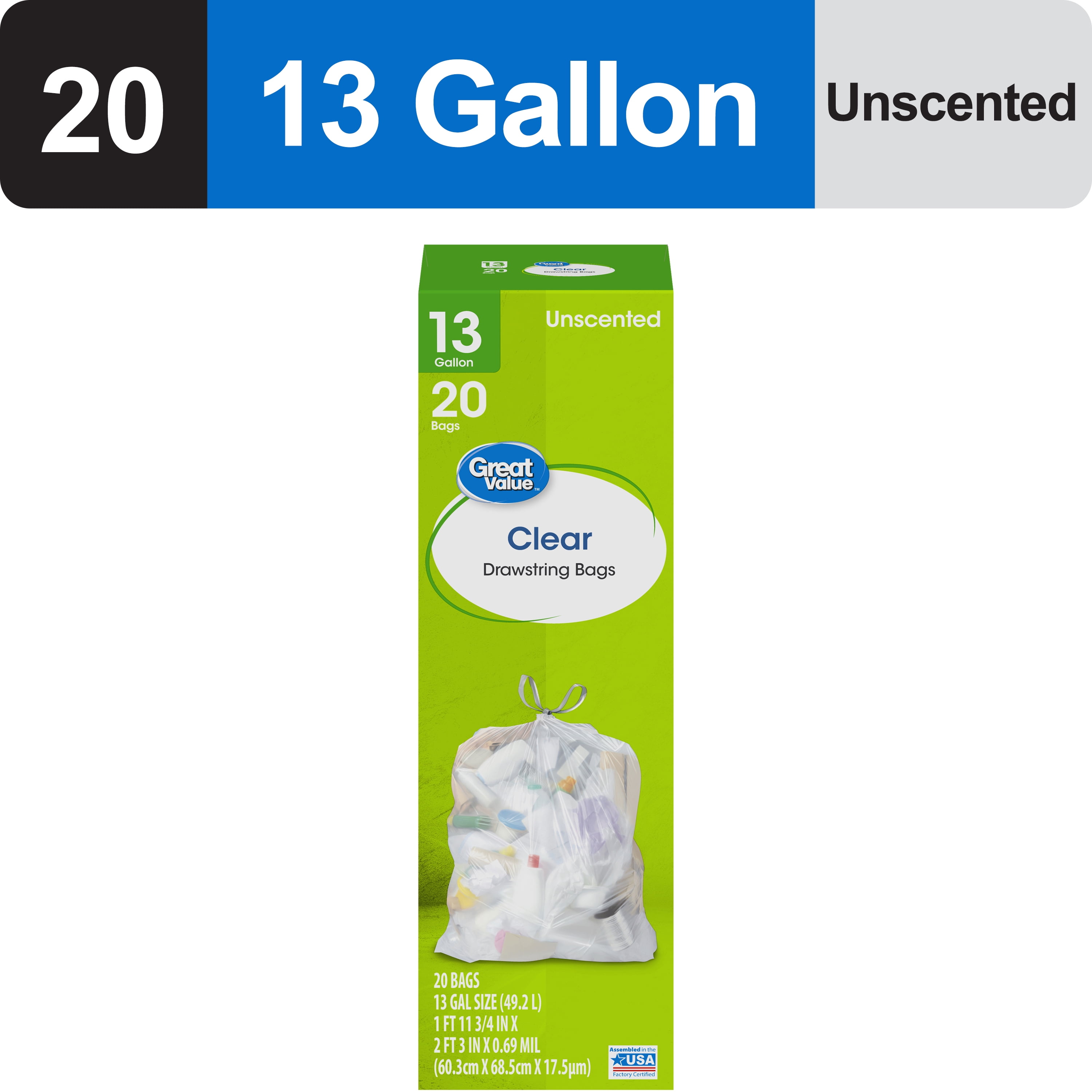 Great Value 13-Gallon Clear Drawstring Tall Kitchen Bags, 20 Bags