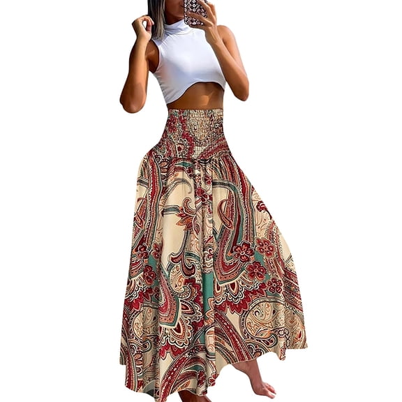 maxi skirts for women Casual Loose Boho Elastic Waist A-Line Beach Swing Vacation Floral Printing Long Skirt