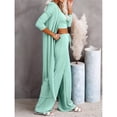 thumbnail image 4 of Conjunto de Pijama de 3 Piezas para Mujer, Cárdigan de Punto de Larga, Top Corto, Pantalones Anchos y Ropa de Estar por Casa. Verde S, 4 of 8