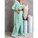 thumbnail image 4 of Conjunto de Pijama de 3 Piezas para Mujer, Cárdigan de Punto de Larga, Top Corto, Pantalones Anchos y Ropa de Estar por Casa. Verde S, 4 of 8