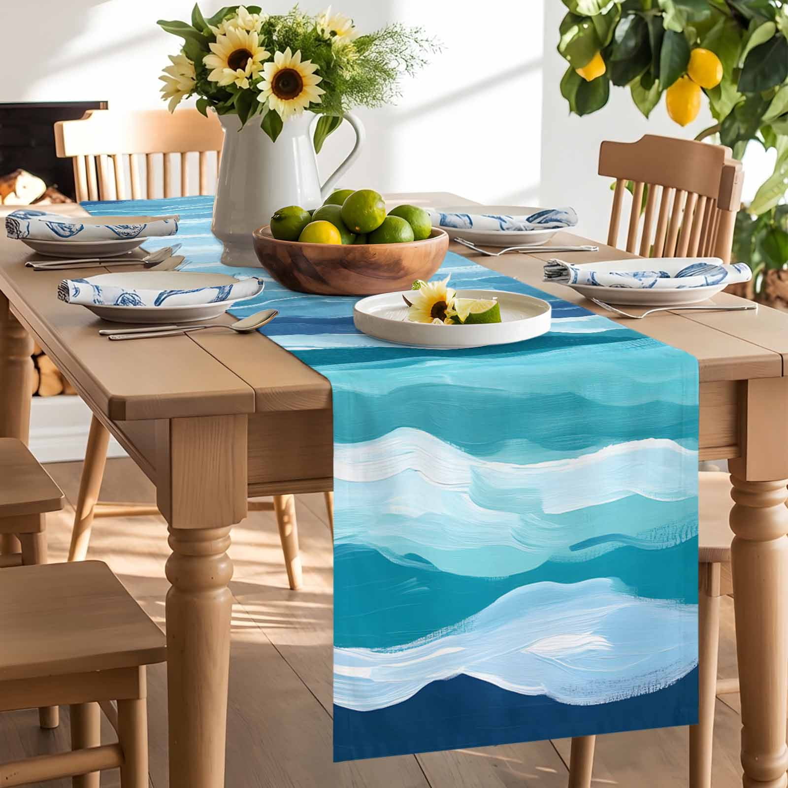 Summer Navy Blue Water Ripple Table Runner 90 Inches Long, Watercolor Gradient Ombre Table Runners Tabletop Scarf Kitchen Dining Tables Decoration for Home Party Indoor Outdoor