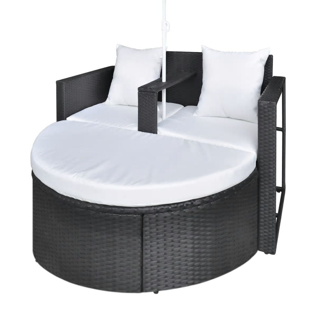Kepooman Outdoor Patio 2-Person Rattan Sun Lounger with Cushion & Parasol, Black Kepooman Outdoor Patio 2-Person Rattan Sun Lounger with Cushion & Parasol, Black