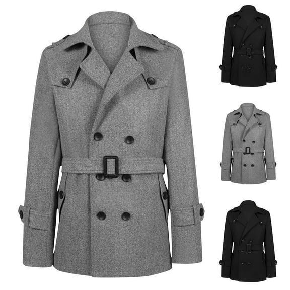 Miluxas Mens Trench Coat Double Breasted Notched Lapel Jacket Casual Belted Windbreaker Overcoat Gray
