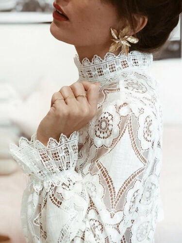 2020 Spring Summer New Women Ladies Hollow Out Long Sleeve Stand Collar Lace Shirts